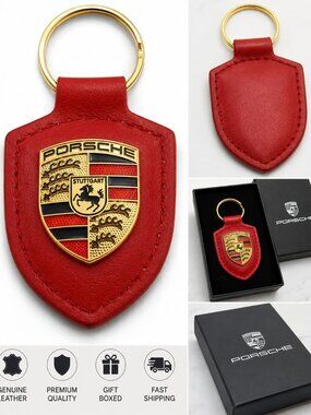 Porsche Red Leather Crest Emblem Keychain Luxury Key Ring NEW